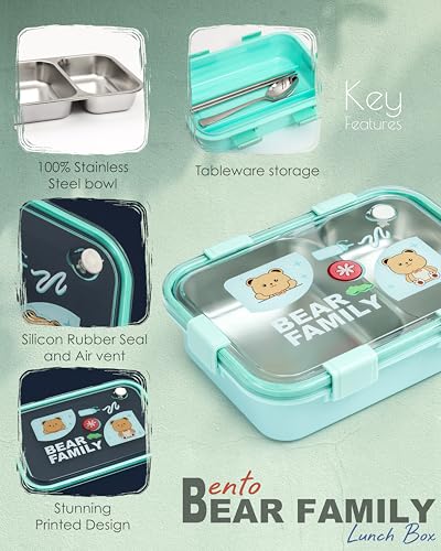 Image of Brand Conquer Lunch Box Leak-Proof BPA Free Stainless Steel for School, Lunch Box for School & Office with a Fork, a Spoon and a Pair of Chopsticks (Green, Bear Family 2 Compartment)