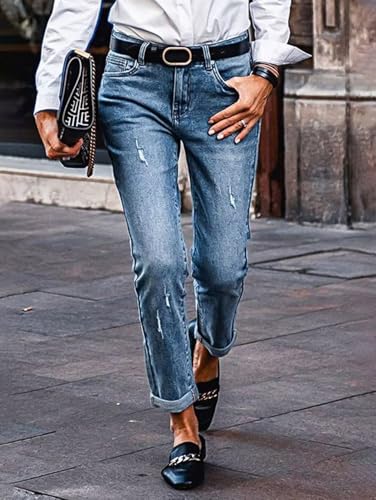 Flamingals Straight Leg Low Waist Boyfriend Roll Hem Wash Detail Denim Jeans Without Belt4