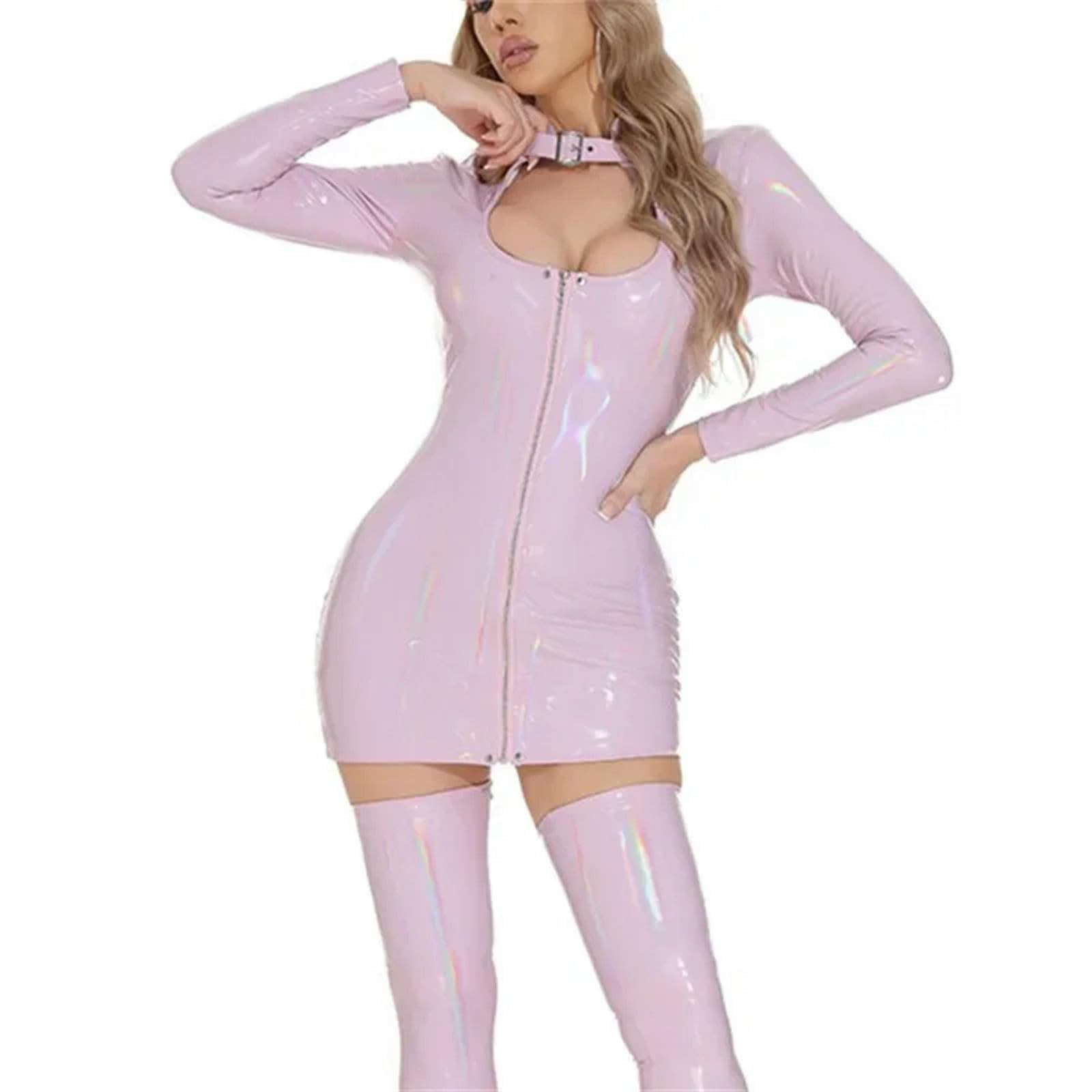 Vestido Ajustado de Piel de Patente con Cremallera Frontal para Mujer, cárdigan, Cuello Alto, Vestido Corto, Manga Larga, Color Blanco, L