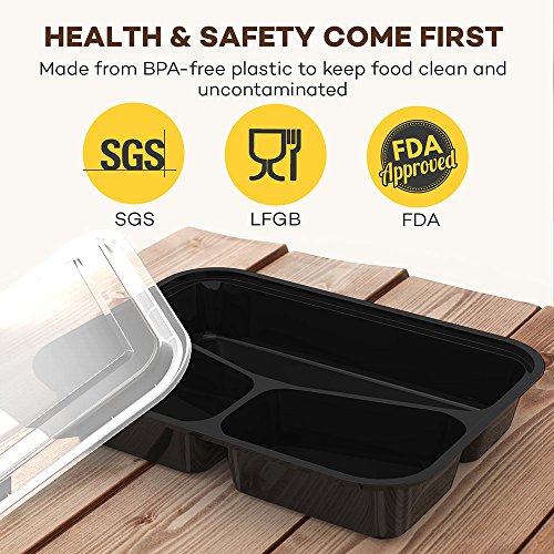 Meal Prep Food Containers 32 oz (20 Pack), Sable 3 Compartment Bento Lunch Boxes, Reusable Organization Cases, BPA Free (FDA, SGS & LFGB Certified, Heat and Cold Resistant, Stackable for Storage) - Thumbnail 4