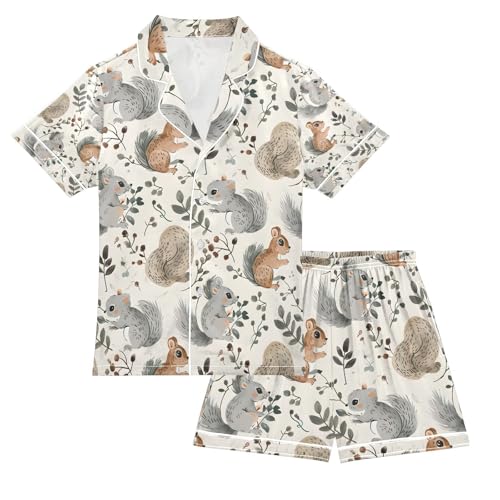 senya Squirrel Eat Leaves Satin Summer Pajama Sets Silk Short Sleeve Button Down Sleepwear