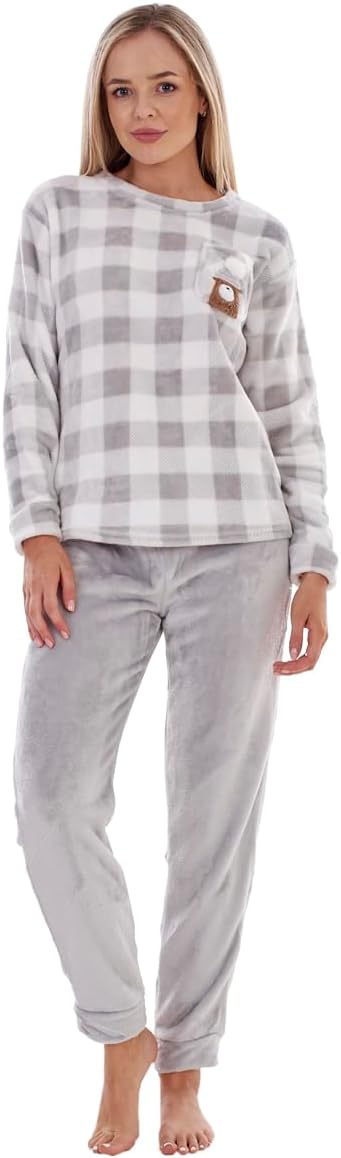 ChicWhisperLadies Plush Super Soft Check Pyjamas Warm Teddy Bear Fleece PJ'S