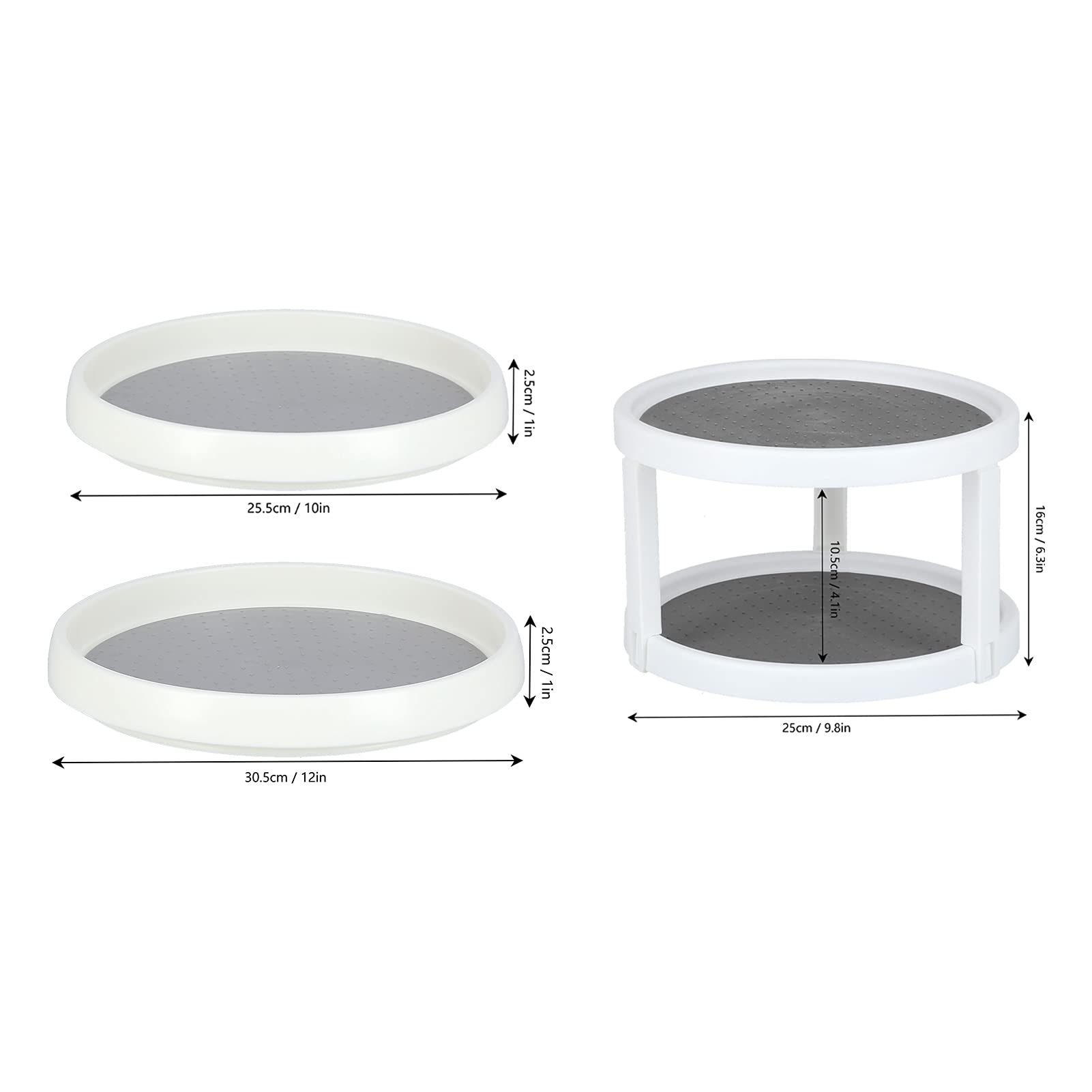 Organisateur d'armoire à Plateau tournant antidérapant Lazy Susan de 10/12 Pouces - Support à épices Rotatif à 360 degrés - Blanc et Gris(S)