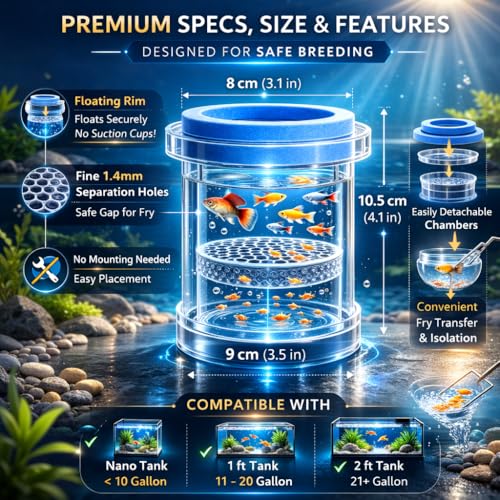Image of VAYINATO Floating Fish Breeder Box for Aquarium - 11.5cm Double Layer Isolation Incubator with Foam Collar | Clear Fry Protection Box for Guppy, Betta & Small Fish