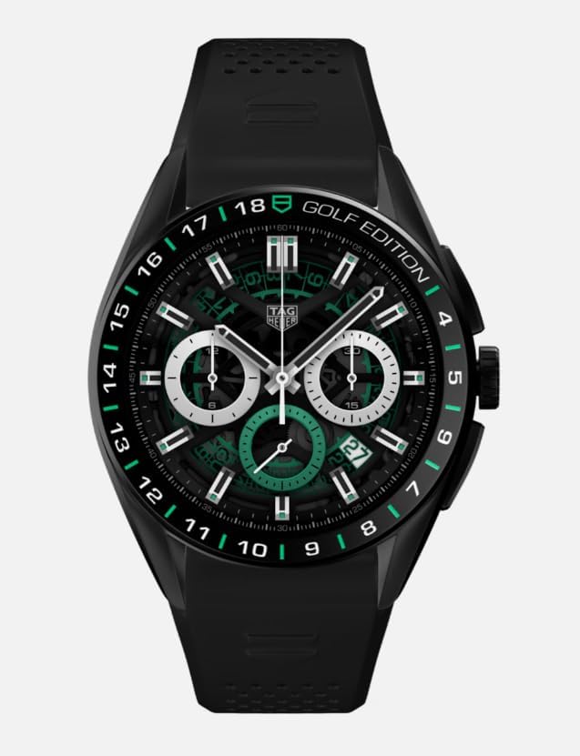 Close-up view of the back of the TAG Heuer Connected Calibre E4 smartwatch, showing the heart rate sensors, '50 METERS' water resistance engraving, and 'SAPPHIRE CRYSTAL' text.