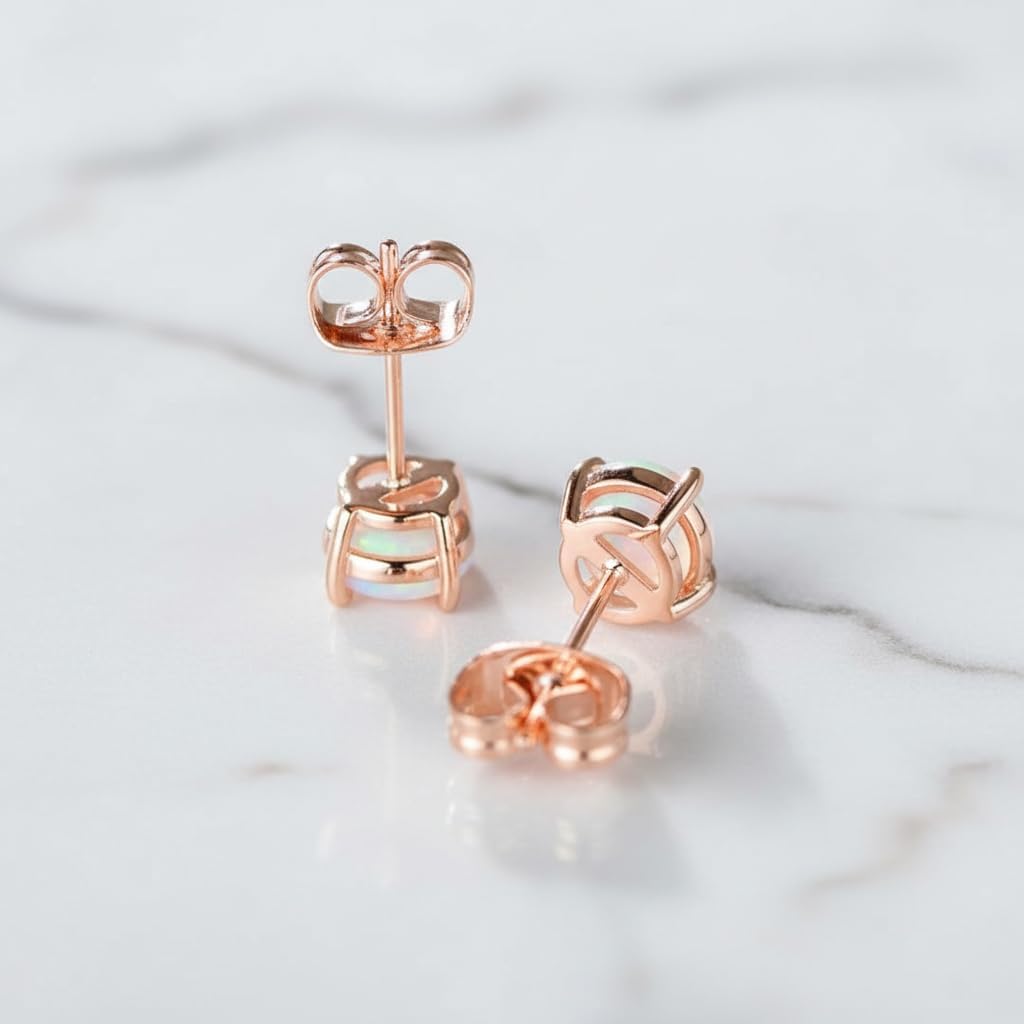 MDFUN 18K White/Rose Gold Plated Round Opal Stud Earrings for Women Hypoallergenic Birthstone Earrings Jewelry - Image 5