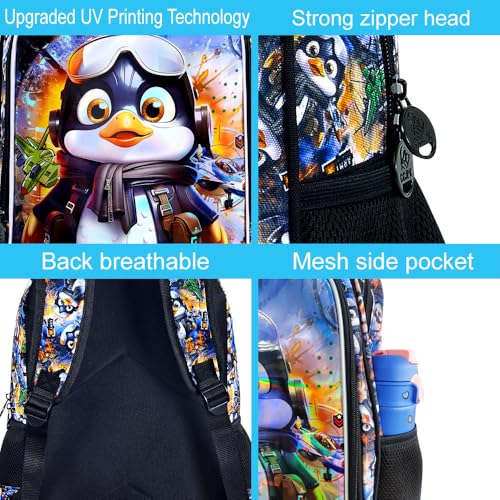 Image of 16 inch Backpack for Boys, 3Pcs Kids Bookbag with Lunch Box, Penguin School Backpacks for Elementary Preschool Kindergarten (Black)