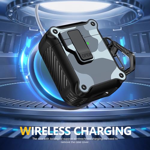 Image of RFUNGUANGO for Airpods 2nd and 1st Generation Protective Cases Automatic Pop-up with Safety Lock Clip, Full Body Shockproof Hard Case with Keychain (Cleaning Tool)-Light Gray Camouflage