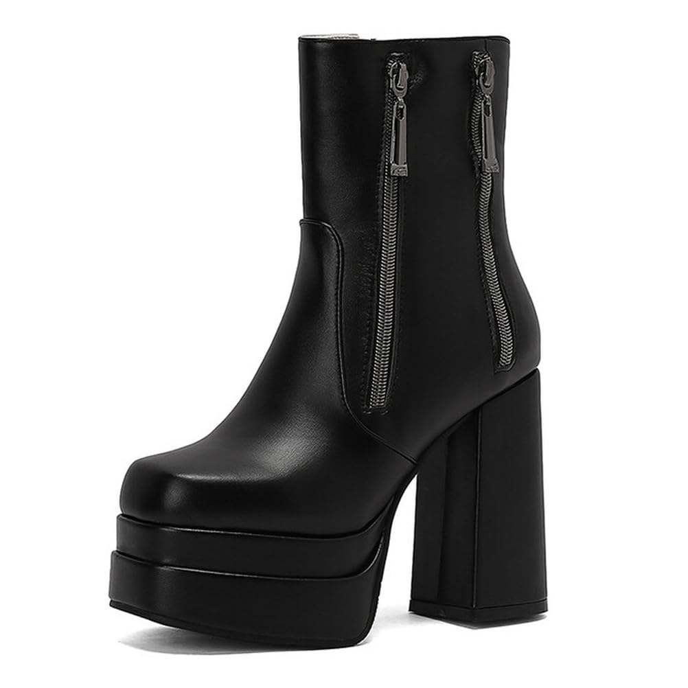 Bottines pour femmes à double plateforme chaussures talons hauts épais bout carré noir mode