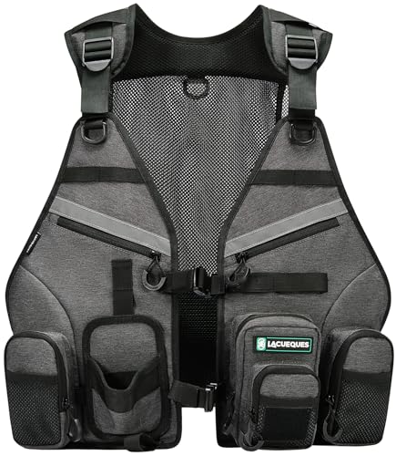 Image of Wading Hands Free Fishing Vest for Lure, Adjustable Straps (Grey) | Built in Rod Holder, Tackle Box Pocket, 3 Heavy Duty D Rings for Landing Net, Gripper and Plier, High Water Resistant Pockets