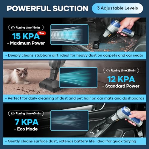 Image of SakerPlus Mini Vacuum Cleaner, 3 in 1 Car Vacuum Cleaner High Power, 15000PA Powerful Suction, Air Duster, 7500mAh, Adjustable Small Vaccum Portable Cordless for Cars,Desktop,Home- Light Blue