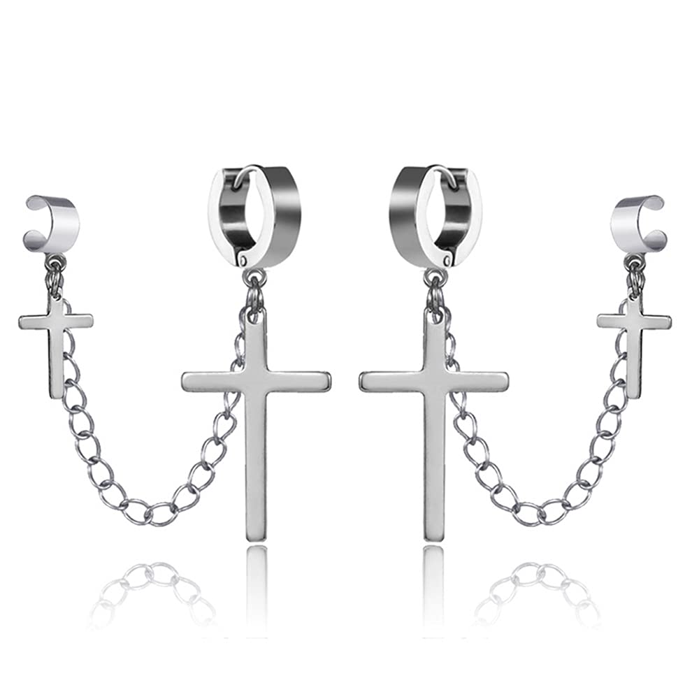 Two Cross Tassel Chain Drop Hinged Small Hoop Earring for Men Women Boys Clip on Ear Cuff Crawler Climber Stainless Steel Black Cartilage Wrap Vine Faith Religious Cool Punk Fashion Birthday Gifts