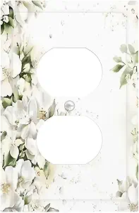 Decorative Outlet Covers Rustic Ink Green Leaves White Florals Flower 1 Gang Duplex Light Switch Cover Plate Unique Wall Plate Electrical Switch Plate Covers for Bedroom Home Decor