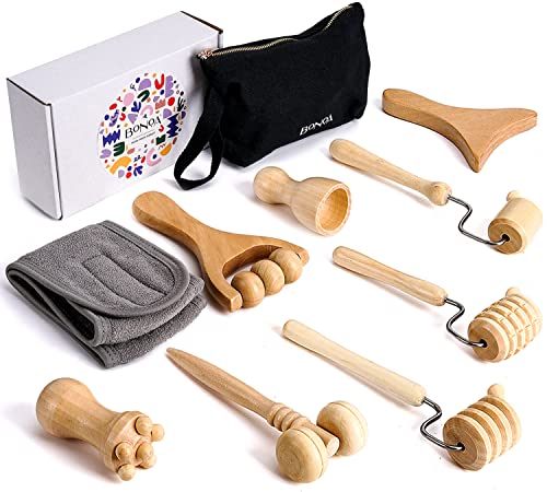BONOA Professional FACIAL Wood Therapy Massage tools. 8 Pcs Maderoterapia facial kit Face wood therapy set. Maderotherapy face sculpting set. Aging Wrinkles,Puffiness Facial Skin Massager.