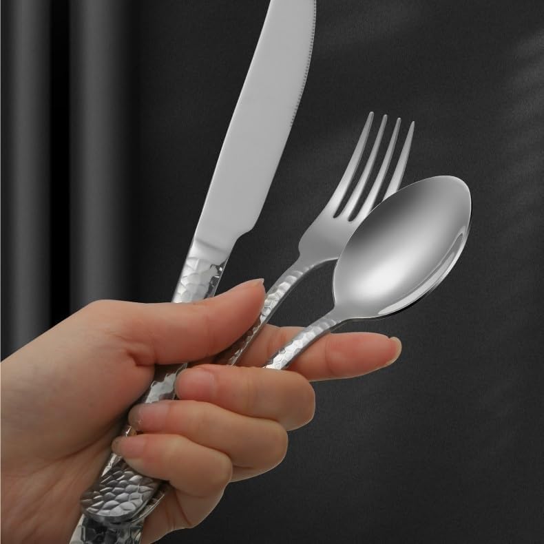 Image of aDai Premium 20 Piece Stainless Steel Cutlery Set | Elegant Hammered Handle Flatware | Includes Spoon Fork Knife Teaspoon | Durable Rust Resistant | Perfect for Gifting (Silver)