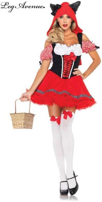 Leg Avenue Women's Red Riding Wolf Gingham Trimmed Peasant Dress with Wolf Hood