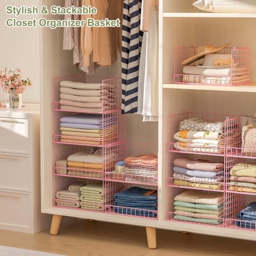 Image of 4-Tier Closet Organizers and Storage, Stackable Closet Organizer Basket, Foldable Closet Shelf Organizer Basket, Stackable Storage Bins and Organizer Shelves for Home Closet Organizer System, Pink