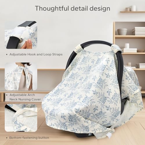 Image of SERAPHY 2-in-1 Muslin Baby Car Seat Cover & Nursing Cover, Soft Lightweight Breastfeeding Cover for Boys and Girls,Breathable Canopy for Infant Carseat & Stroller for Summer-Blueberrie