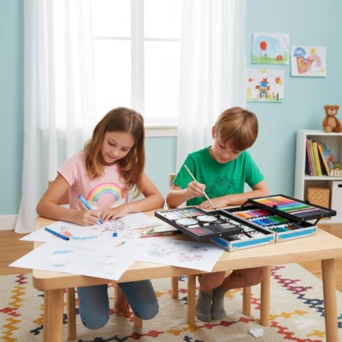 Image of KARP 145 Pcs Children Deluxe Art Drawing Set for Kids Case Studio Art and Craft Supplies Drawing and Painting Set Great Gift (Unicorn Design-Blue)