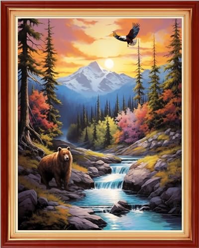 Image of Funxvoot Stamped Cross Stitch Kits Beginners Full Range of Embroidery Kits for Adults 11CT Embroidery Patterns Needlepoint Kits Printed Cross Stitch Kits-Brown Bear Scenery 16x20 inch