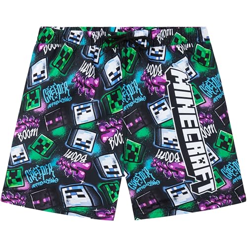 Minecraft Boys Swim Trunks Shorts with Mesh Lining UPF 50 Swimsuit Beach Pool Bathing Suit Gamer Swimwear 714Y (9-10 Years Purple/Multi Minecraft)