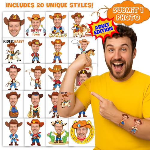 Image of Custom Cowboy Temporary Tattoos for Kids, Set of 20 | Personalized Pre-Cut Face Photo, Birthday Party Favors, For Boys & Cowboy Lovers, Unique Celebration Gifts