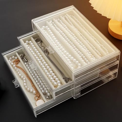 Jinavoty Caja de almacenamiento de collar, caja organizadora de acrílico con bandeja de terciopelo, soporte a prueba de polvo para mujeres y niñas (beige, 3 cajones)