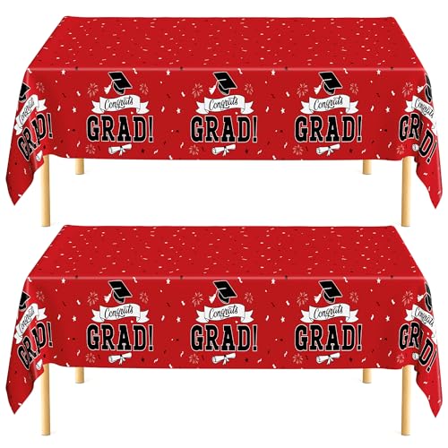 Image of 2 PCS Graduation Tablecloth, 108 inch X 54 inch Red Graduation Table Decorations 2026, Disposable Plastic Tablecover for Grad Decor Party Supplies, Rectangle Table Cover for Class 2026 Congrats Grad for Kids