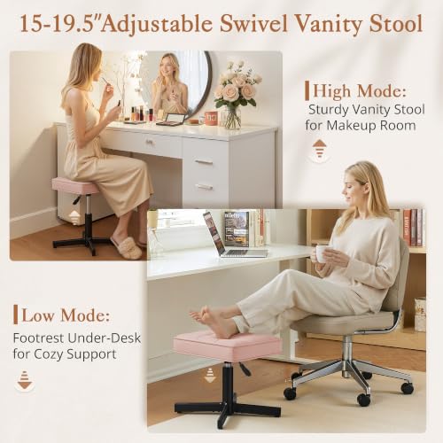 Image of LUE BONA Adjustable Vanity Stool, 15''-19.5'' Foot Rest Under Desk, 360 Swivel Vanity Chair for Makeup Room, Pink Upholstered Faux Leather Ottoman for Bathroom & Living Room, 300lbs