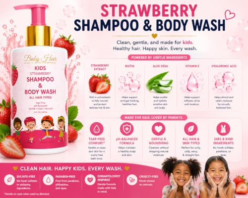 Image of BABY HAIR - Strawberry Mineral Kids Shampoo /Body Wash, Sulfate-Free Tearless Shampoo and Body Wash, Shampoo For Kids with Strawberry Oil, Camellia Oil, and Biotin, No Tears Shampoo, 10 fl.oz.