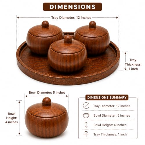 Image of Wooden Dry Fruit Serving Tray with 3 Lidded Bowls | Premium Sheesham Wood Snack Serving Set | Dry Fruit Container Set with Tray | Mukhwas Box | Chocolate & Candy Serving Tray | Handmade Gift