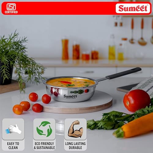 Image of Sumeet Cook Smart ISI Certified Tri-Ply (Steel - Aluminium - Steel) Mini FryingTadka Pan with Silicon Grip | Induction and Gas Friendly | 2.5mm Thick | 400ml -12Cm, Silver