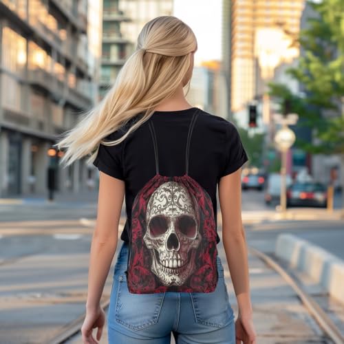 Image of jejeloiu Skull Skeleton Drawstring Backpack 13x15.7inch Goth Art Waterproof Gym Drawstring Bags Damask Print Sports String Backpack Beach Swim Travel Bag Sackpack