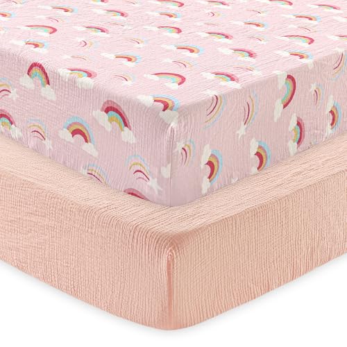 Image of david's kids Muslin Crib Sheets for Girls, 2 Pack 100% Cotton Soft Breathable Fitted Baby Sheet Set, Standard 52 inchx28 inch Crib and Toddler Mattress, Rainbow