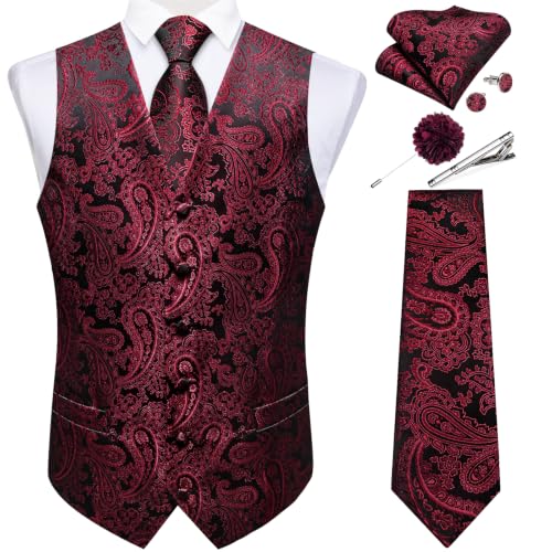 Image of DiBanGu Mens Vest and Tie Set Formal Paisley Waistcoat and Necktie Pocket Square Cufflinks Silk Suit Vest for Tuxedo Wedding