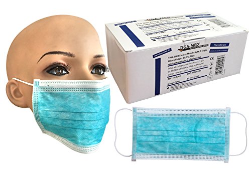 Maschera medica OP monouso, confezione da 50 fasce elastiche blu a 3 strati con filtro 99,5% di efficienza, qualità originale Tiga-Med