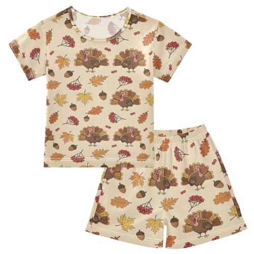 Pajama Short Sets Autumn Leaves Turkey Pattern Soft Cotton Summer Sleepwear 2 Piece PJS Size 5-14T