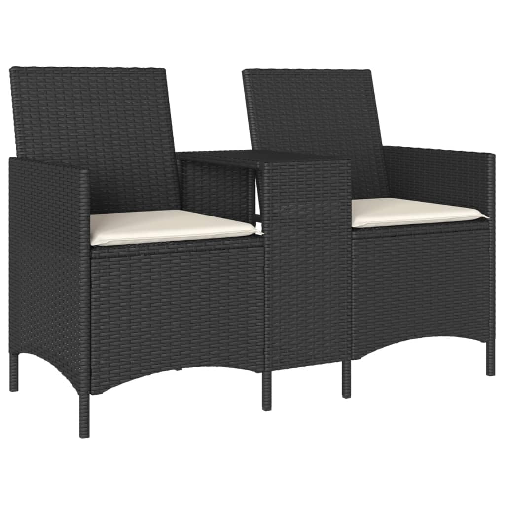 Gartensofa 2-Sitzer mit integriertem Tisch Poly Rattan Gartenbank mit Kissen Lounge-Doppelsofa für Balkon Terrasse und Garten Schwarz 126x59x82 cm