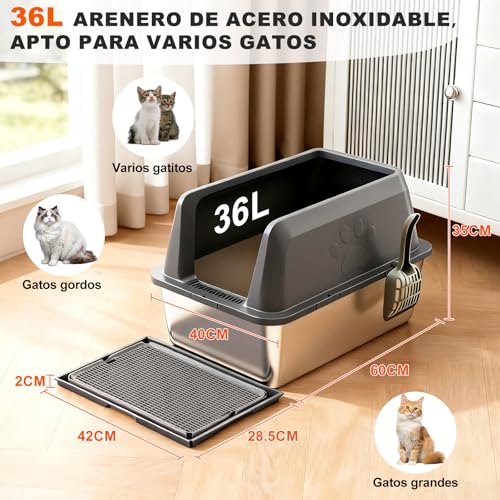 Arenero para Gato de Acero Inoxidable XL con Bordes Altos Antifugas y Accesorios - Imagen 3