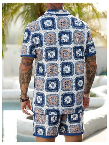 Men's Beach Vacation Clothes 2 Piece Summer Outfits Button Down Short Sleeve Crochet Top and Drawstring Shorts3