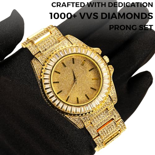 Halukakah Moissanite Diamond Gold Watch for Men,Luxury 18k Real Gold Plated,Basic Waterproof,Starlight Sparking Dial with Square Diamonds,Iced Out,9.5" Wristband,Giftbox Included,Luxury Present by Halukakah - Used condition - Image 2