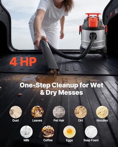 Image of VEVOR Shop Vac, 5.8 Gallon Wet Dry Shop Vacuum, 4 Peak HP with One-Button Self-Cleaning, Dual-Filter, 900W Input Power, 1.25in x 7ft Hose, 9.8ft Cord, Metal Tank for Jobsite, Workshop, Garage, Home
