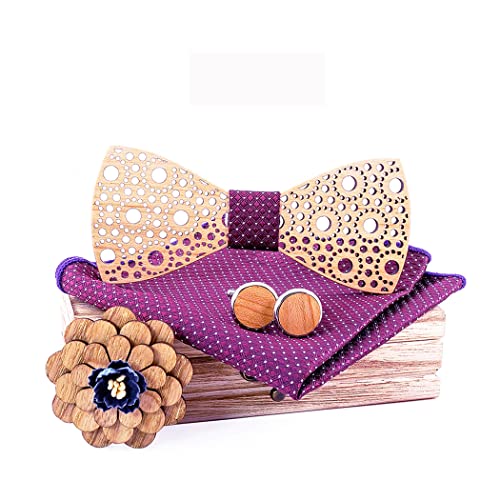 RQPYQF Papillon in legno, set di 4 pezzi, papillon in legno, gemelli e spilla in legno e quadrato tascabile, fatto a mano, accessorio alla moda, Stile#03, Taglia Unica