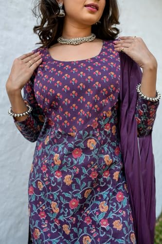 Image of GoSriKi Women's Cotton Blend Kurta with Pant & Dupatta