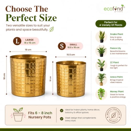 Image of ecofynd 2 Pack Metal Plant Pots (7 inch, 6 inch), Indoor Small Planter Flower Pots, Home Garden Decor Planter for Living Room Bedroom Interior (Gold Finish, POT055)