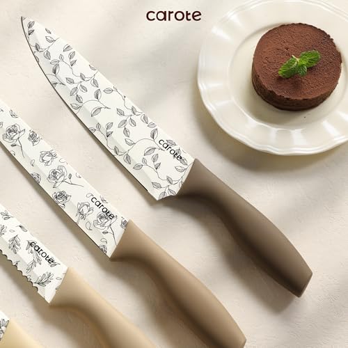 CAROTE 12PCS Knife Set, Kitchen Knife Set with 6 Blade Guards, Stainless Steel Knives Set With Nonstick Ceramic Coating, Rustproof, Delicate Floral Designs, White - Image 7