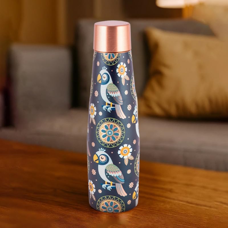 Image of Copper Bottle | Bird Motif | UV Printed Design | Pure Copper Water Bottle for Health & Wellness | 900 ml Capacity
