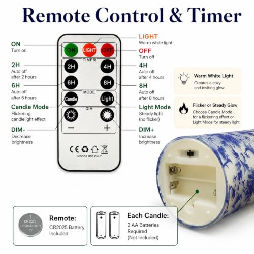 Image of Blue and White Flameless Pillar Candles, 3 Pack, Remote Timer