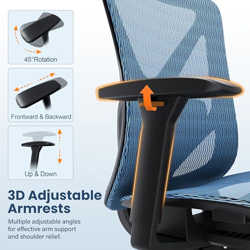Image of Ergonomic Office Chair, Mesh Computer Desk Chairs with BIFMA X5.1 Certified, Adjustable Lumbar Support, 3D Arm, Tilt Back, Wide Seat, Comfy Swivel Work Task Chair for Company and Home (Azure Blue)