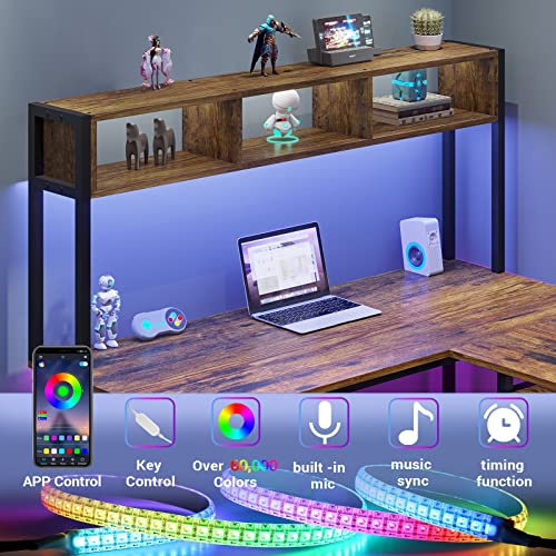 Sedeta L Shaped Computer Desk, Reversible Corner Desk Or 94.5" Office Desk, Computer Desk With Led Lights, Keyboard Tray, Headphone Hook And Storage Shelves For Home Office, Rustic Brown #TOP4